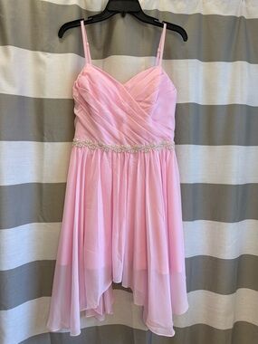 Pretty Pink Beaded Waist Spaghetti Strap Homecoming Dress Size 14